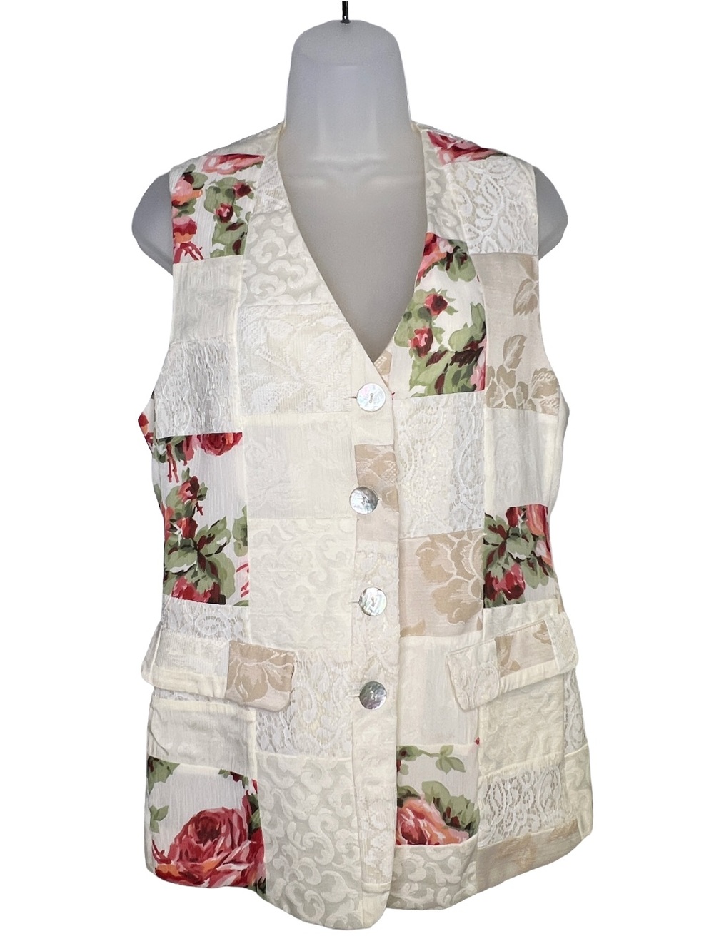 Vintage 90s Patchwork Floral Ivory Button Front Vest Whimsigoth Cottagecore